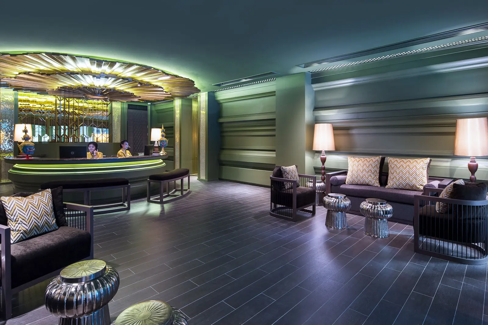 Reception and lounge seating in the hotel lobby