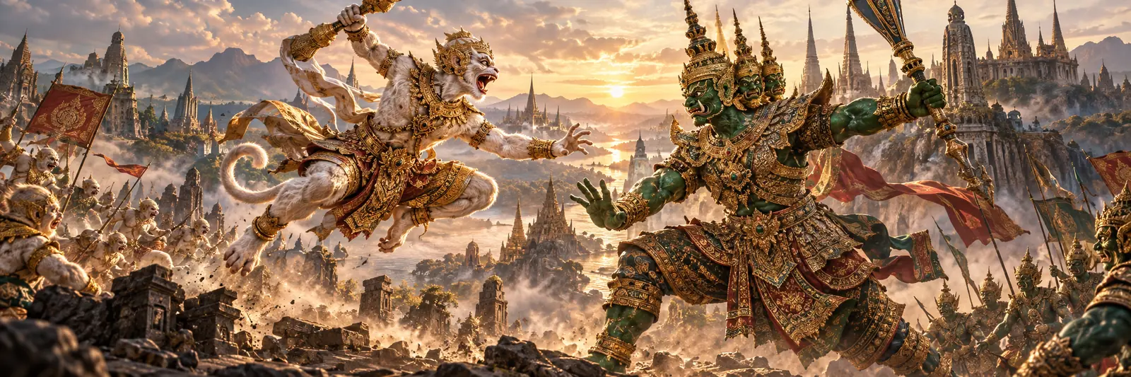 Cinematic artistic interpretation of Hanuman and Totsakan confronting one another in the Ramakien epic war