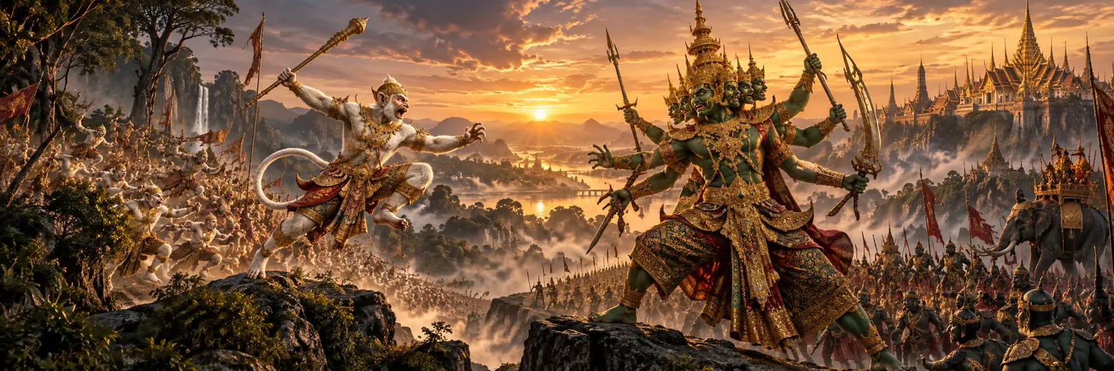 Cinematic artistic interpretation of the legendary battle between Hanuman and Totsakan in an ancient Thai landscape